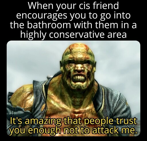 Top text: "When your cis friend encourages you to go into the bathroom with them in a highly conservative area" Below is an image of Fawkes, a super mutant companion from the videogame Fallout 3 saying a quote: "It's amazing that people trust you enough not to attack me."