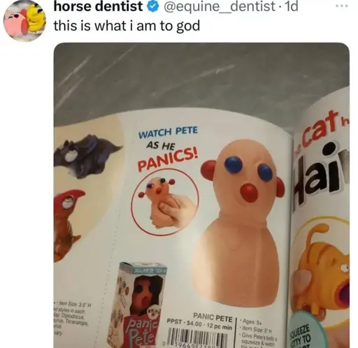 An image of a catalogue containing a squish toy referred to as "Panic Pete", whose eyes and ears bulge out as you squish it. It contains the tagline "Watch Pete as he panics!". Twitter user @equine_dentists captions it "this is what i am to god"