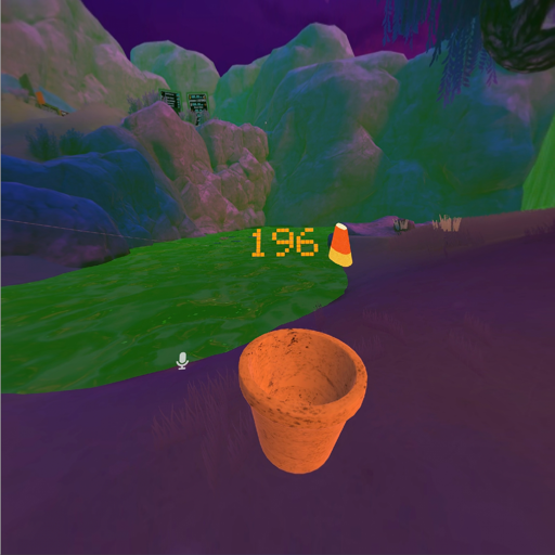 A fishing world on VRChat, during an Halloween event. My bucket contains exactly 196 corn candies.