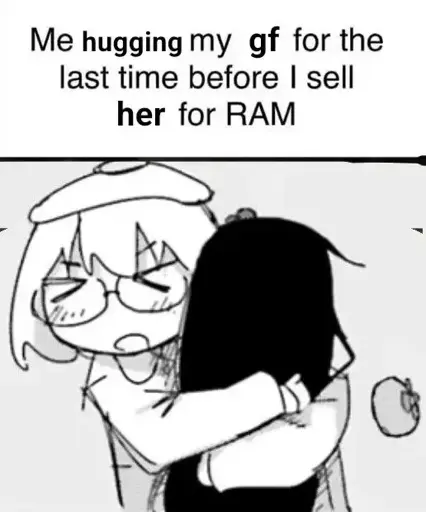 A drawing of two women hugging captioned with "Me hugging my gf got the last time before I sell her for RAM".